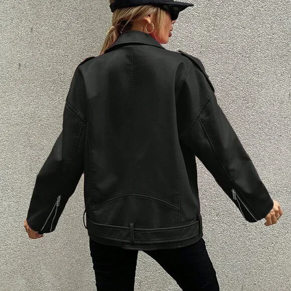 Black Casual Women's Zip Up Flap Detail Belted Moto Jacket - Picture 2 of 5